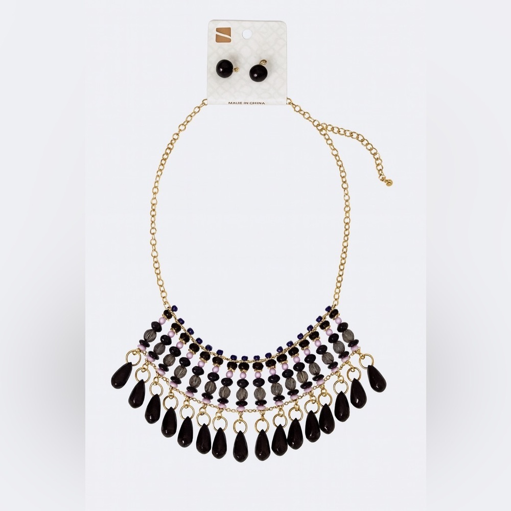 Statement Beaded Bib Necklace & Earring Set Gold Chain Multicolor